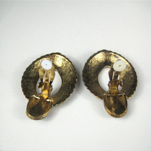 Enamel Dangle Clip On Earrings Goldtone  1980 1990 Vintage 2 inch - Picture 3 of 5